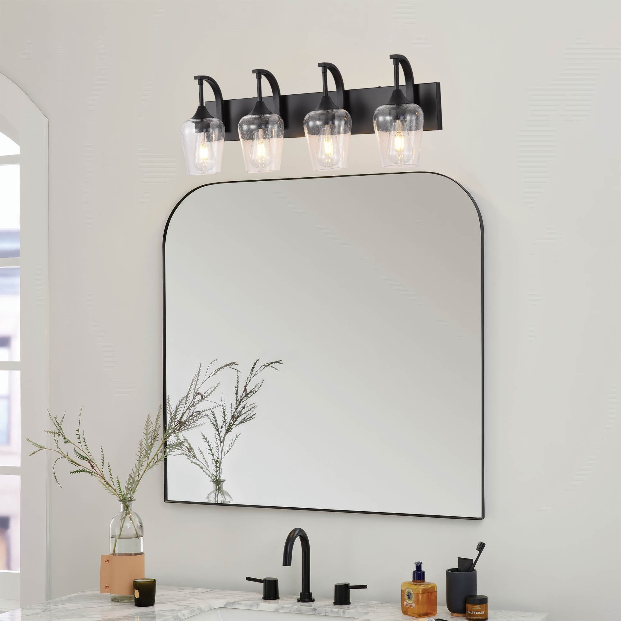 Industrial Vanity Light with Seed Glass Shades - 4-Light Matte Black Sconce for Bathroom & Bedroom