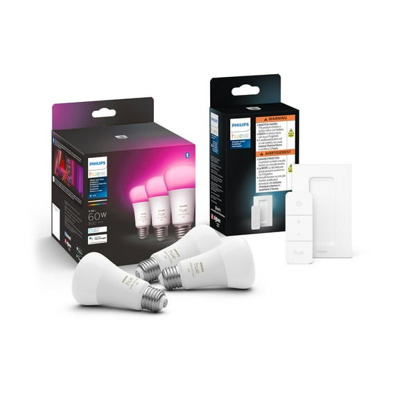 Regulador de intensidad inteligente Philips Hue con mando a distancia y bombillas inteligentes Philips Hue White and Color Ambiance A19 de 60 W