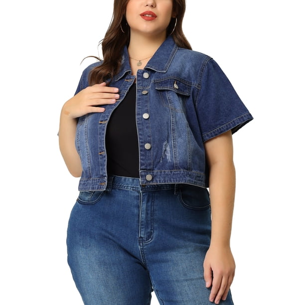 Chaquetas de mujer de talgrande Chaquetas de mancorcon lavado recortado de mezclilAzul 3XL