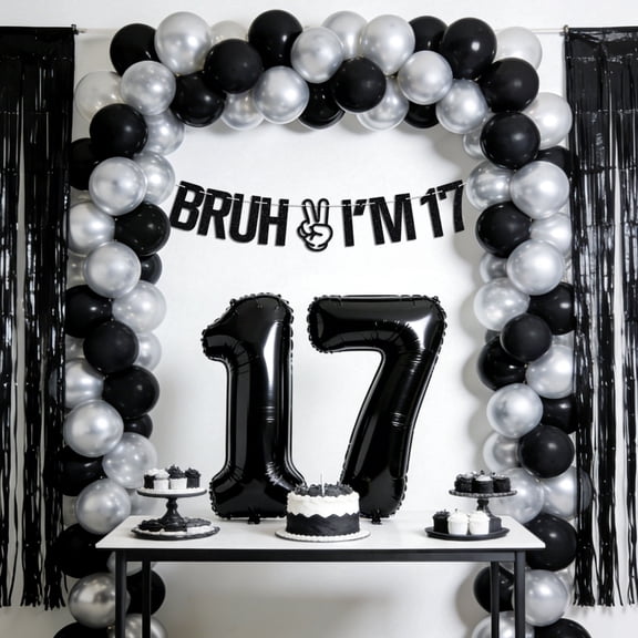 17th Birthday Decorations Set - BRUH & Peace Theme Black Silver Party Supplies for Teen Celebrations