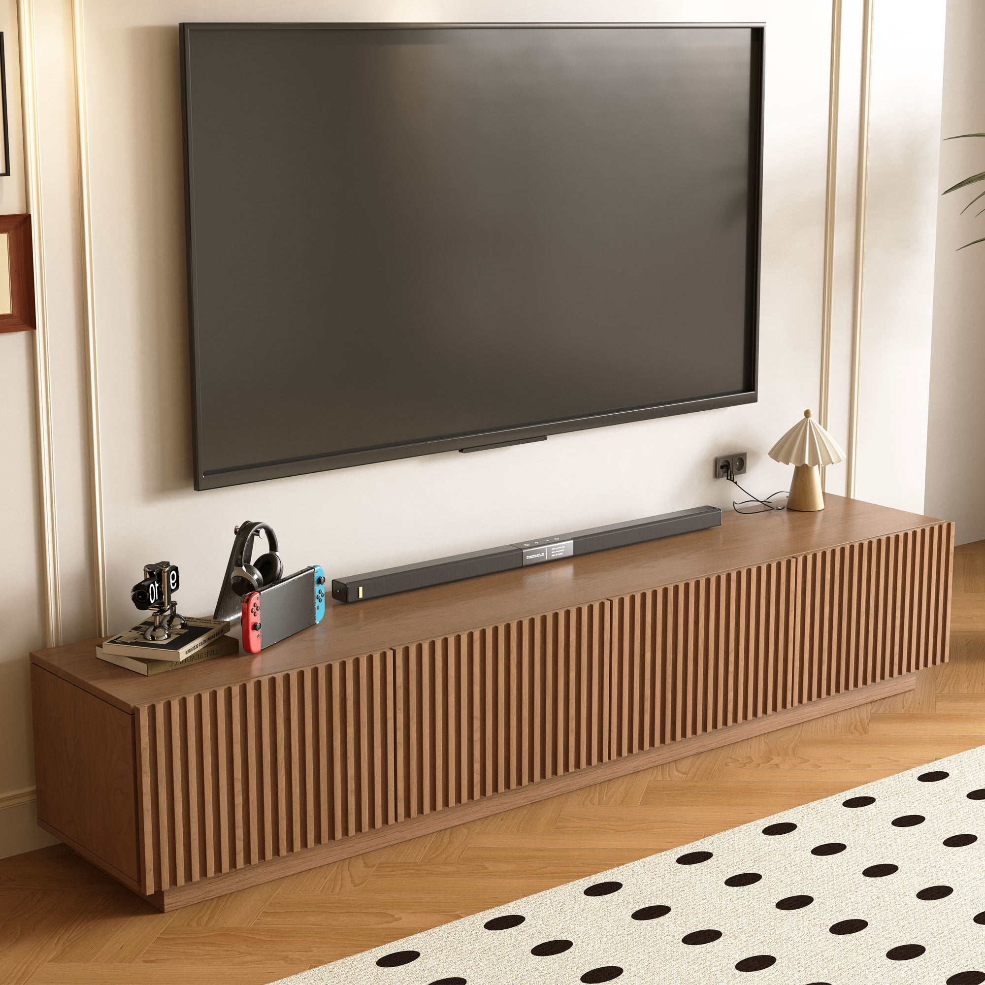 NessCarsti 86.61" Mid-Century Modern TV Stand for TVs up to 85", Sturdy Living Room Furniture Media Console with Large Storage Space, Entertainment Center for Living Room and Bedroom, Walnut