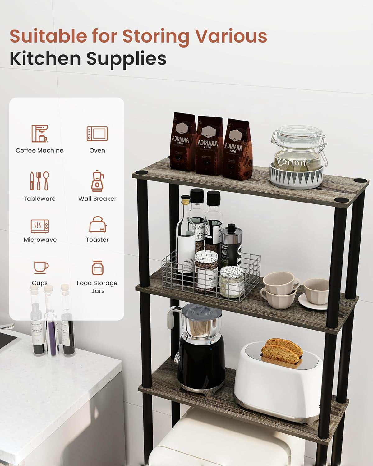 VPSMAT Microwave and Mini Fridge Stand, 3-Tier Over Fridge Storage Organizer Dorm Refrigerator Shelf for Kitchen