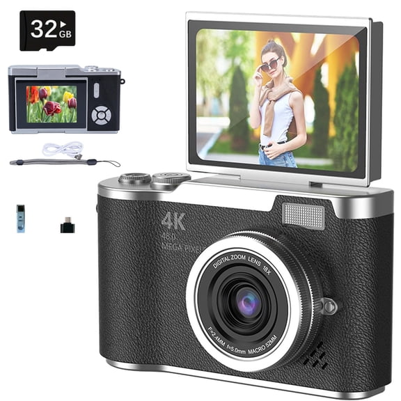 Camlekor Digital Camera, 1080P HD 48MP Point-and-Shoot Camera, 8x Digital Zoom, Featuring 2.4-inch HD Flip Screen, 32GB Memory Card, Built-in LED Flash (Black)