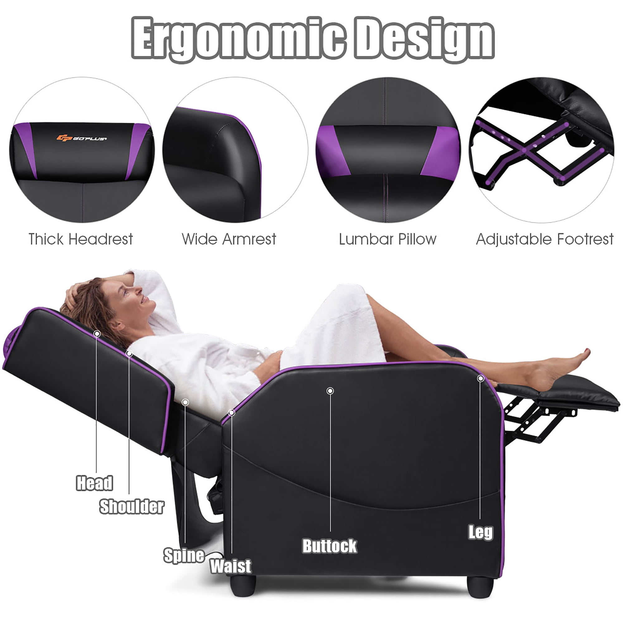 Goplus Massage Gaming Recliner Chair Single Living Room Sofa Home Theater Seat Purple