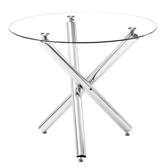90x90x75cm Round Glass Dining Table, Transparent Top, Cross Design Metal Legs, Modern Kitchen/Dining Room Furniture