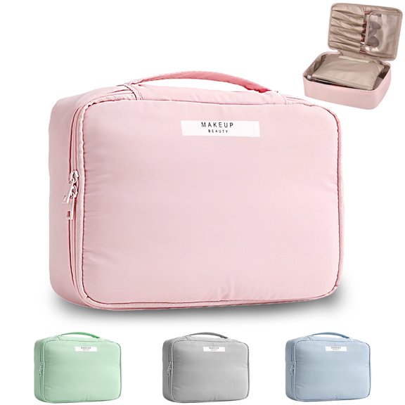 Cosmetic bag, double layer waterproof make-up bag, portable make-up bag, toiletry bag make-up bag set, travel bag make-up, make-up bag organizer for women and girls(Pink)