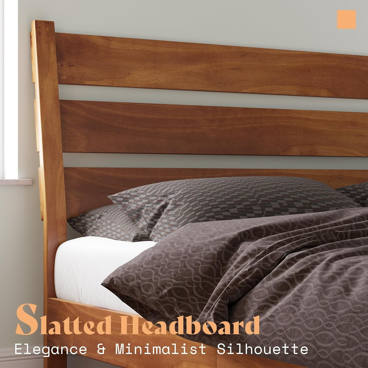 VanAcc Queen Size Solid Wood Bed Frame, Platform Beds with 45"H Headboard, Easy Assembly, Caramel