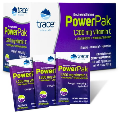 Trace Minerals | Power Pak Electrolyte Powder Packets | 1200mg Vit C | Acai Berry | 156g 30 Packets