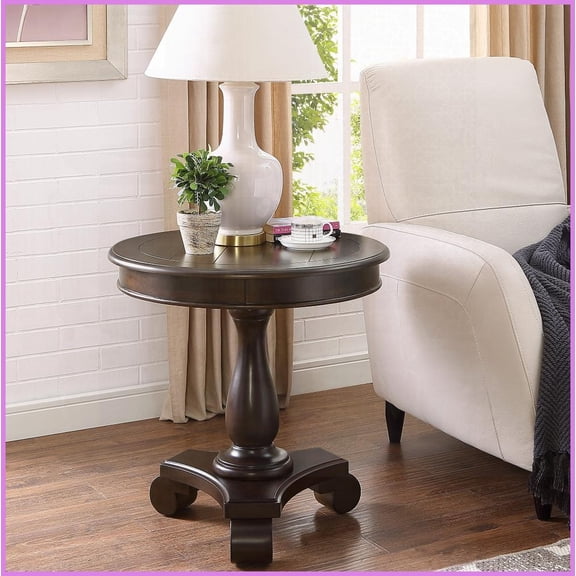 Espresso Round Wood Pedestal Coffee Table for Living Room - 26.5" H, Sturdy Base & Practical Display Space