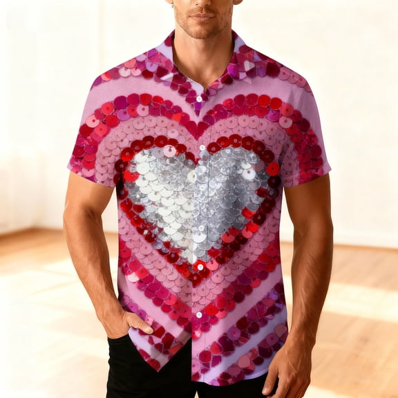 DIOAZUD Mens Button Down Short Sleeve Shirt Valentine's Day Loose Fit Shirts Love Heart Print Tshirt Casual Holiday Tshirts