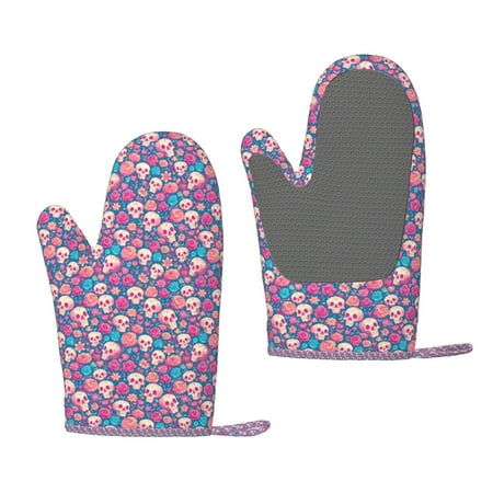 

Zufioo colorful Skull flower Print Silicone Anti-Scalding Gloves Kitchen Hanging Rope Gloves Kitchen Utensils Suitable for Barbecue Baking Cooking