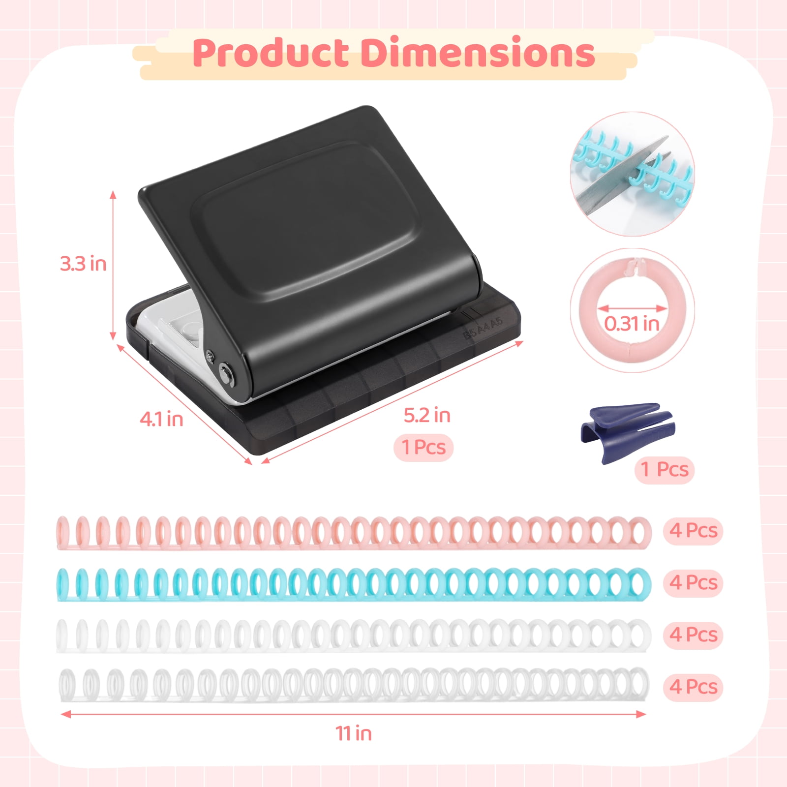 10-Holes Mini Manual Binding Machine, Book Binding Machine with 4-Color Binding Spines, Multipurpose Coil Binding Machine for Home Office