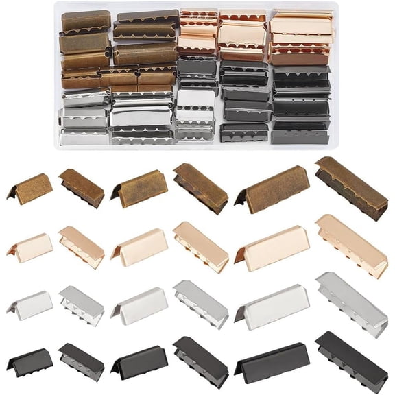 72Pcs 12 Styles Iron & Brass Ribbon Crimp Ends Webbing Ends Mixed Color 9.5~46.5x17~28x0.3~4mm Hole: 1.2~2mm 6pcs/style