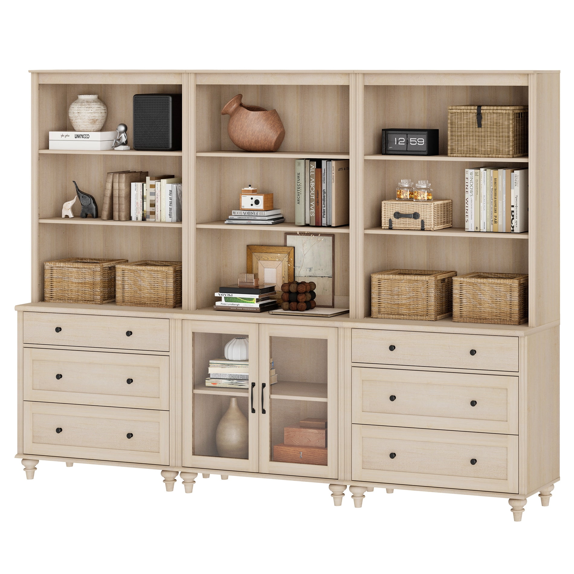 Farmhouse 5 Tier Bookcase With 2 Glass Doors and 6 Drawers, Beige, 101.6" W