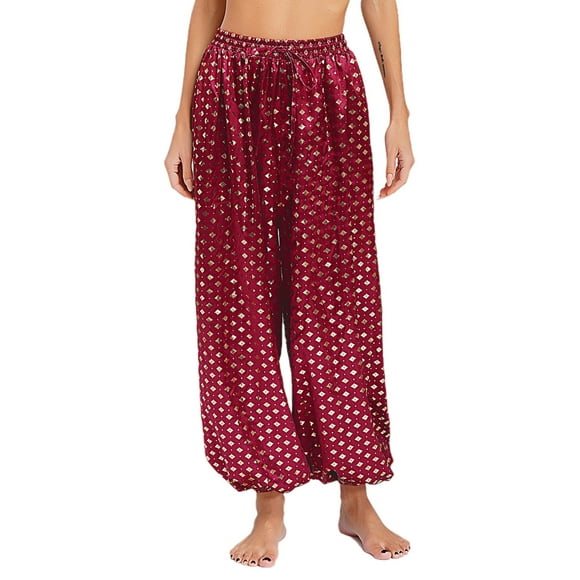 LiiYii Women Arabian Princess Belly Dance Pants Floral Print Indian Dance Harem Trousers Boho Festival Burgundy XL