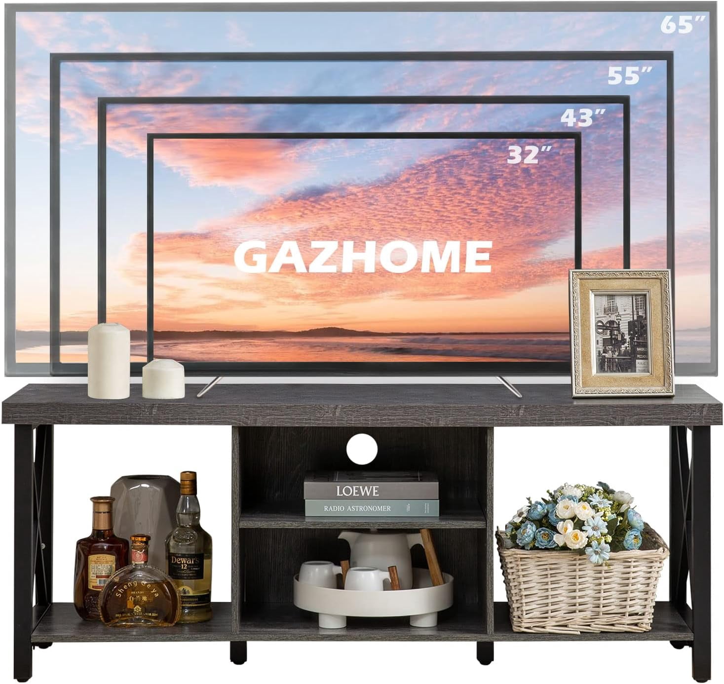 Reliancer Farmhouse TV Stand for TVs up to 55", with 4 Number of Shelves, Open Storage, Grey