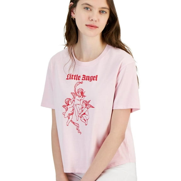 Rebellious One Womens Little Angels Graphic T-Shirt, Pink, Juniors, X-Small
