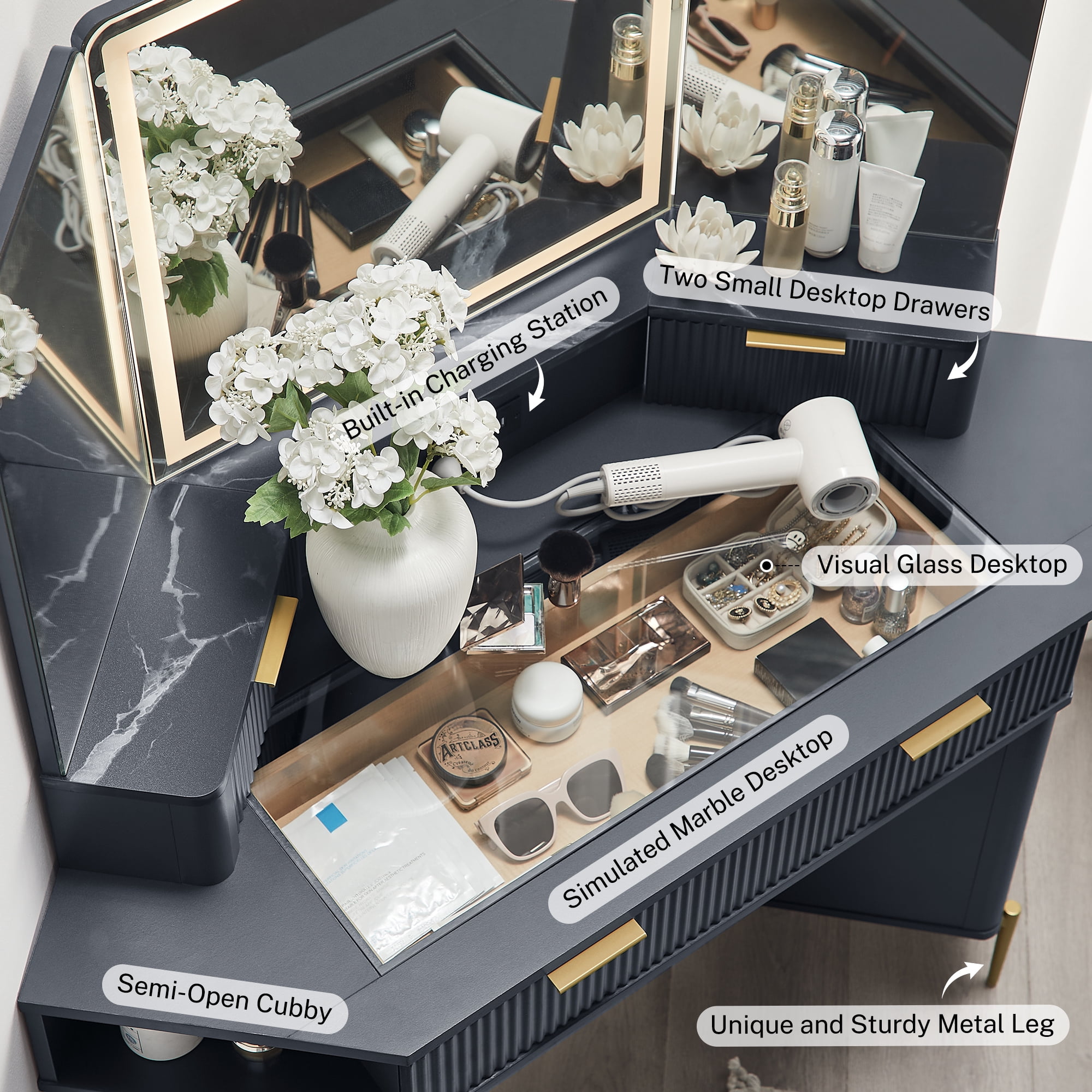 OKD 48" Fluted Makeup Vanity Desk with HD Triple Mirror and Lights, Modern Corner Vanity with 3 Drawers & 2 Cabin ets, Charging Station - Dark Grey