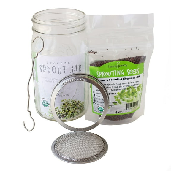 Complete Organic Broccoli Sprout Growing Kit - Includes Quart Mason Jar, 316 Stainless Steel Sprouting Lid, Sprout Stand, and Organic Non-GMO Broccoli Sprouts Seeds - by Handy Pantry & Trellis   Co.