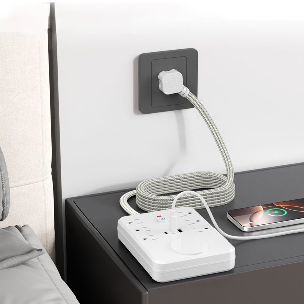 Enchufe múltiple con 6 tomas de corriente alterna, 2 puertos USB y 1 puerto USB-C: estación de carga inalámbrica para el hogar, la oficina y los viajes.