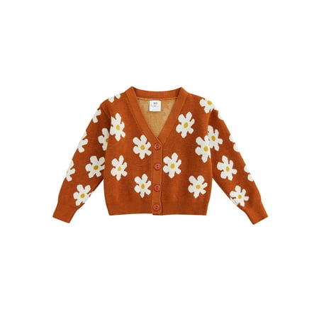 

EYIIYE Toddler Kids Girls Fall Winter Knit Sweater Cardigan Flower Print Long Sleeve V Neck Open Front Outwear Tops 1-6 Years