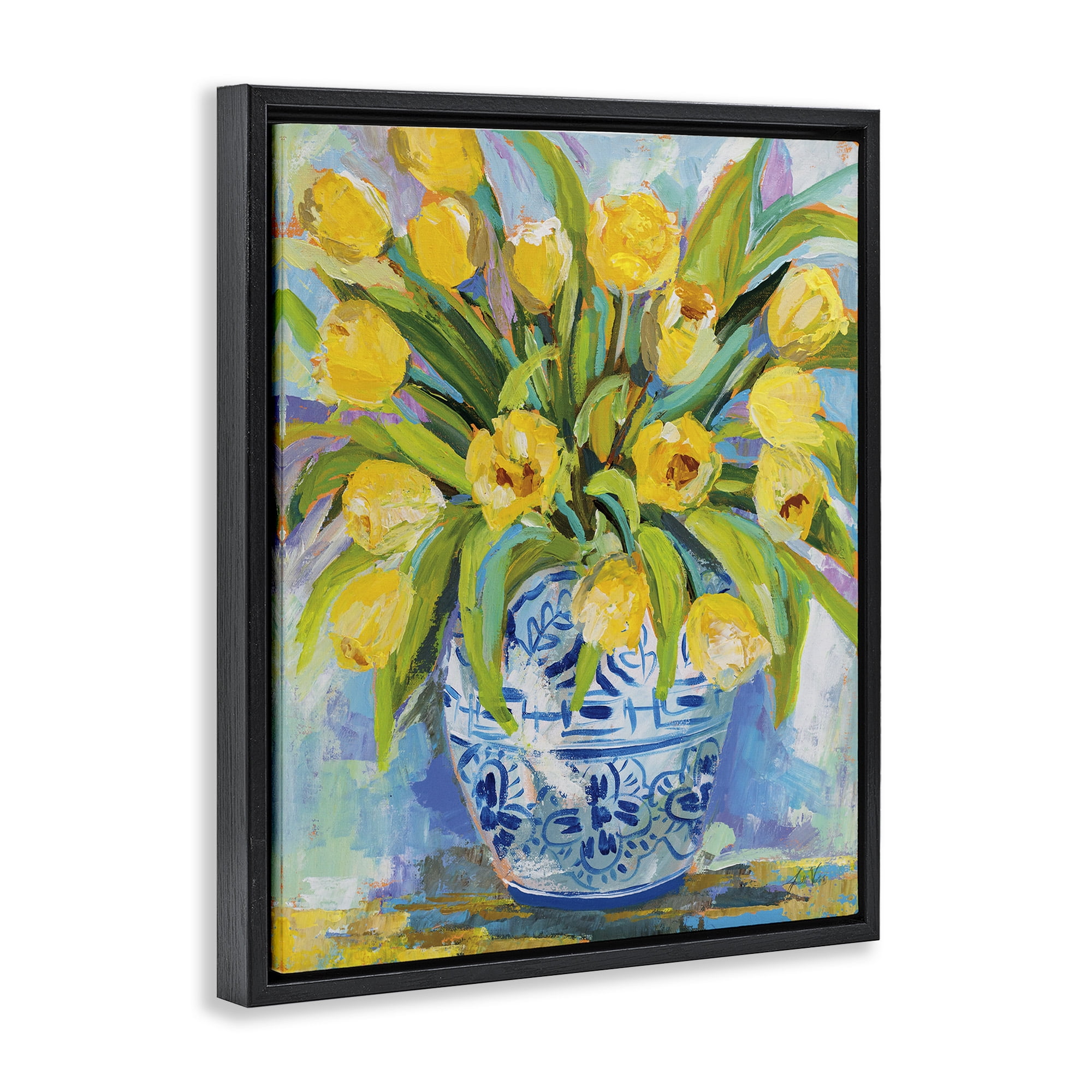 Stupell Industries Expressive Yellow Tulips in Vase Botanical & Floral Painting Black Floater Framed Canvas Art Print Wall Art, 17 x 21