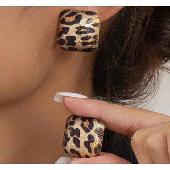 Clip on 1" gold multi colored animal print square earrings