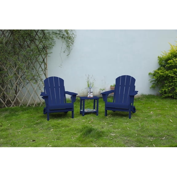 FFZ Folding Adirondack Chair Set with Side Table, 3-Piece Set, Navy Blue