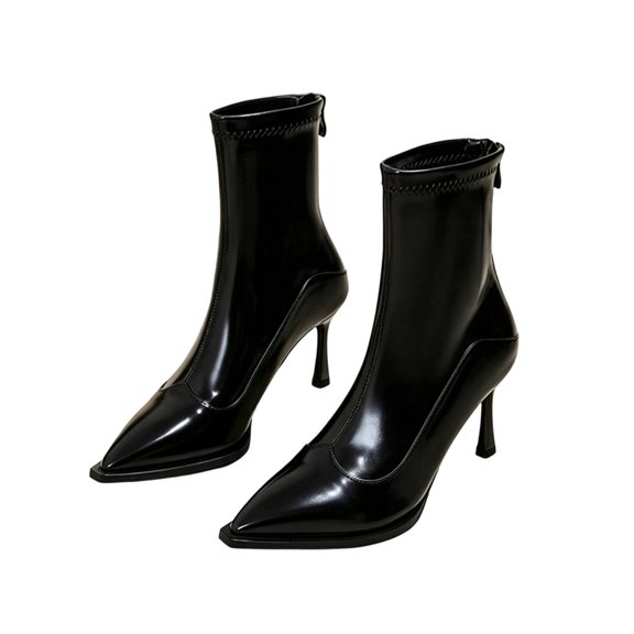 HAPIMO Women Ankle Boots Pointed Toe Heel Back Zipper Glossy Patent Upper Slim Shaft For Formal Banquet And Evening Social Activities Black 35