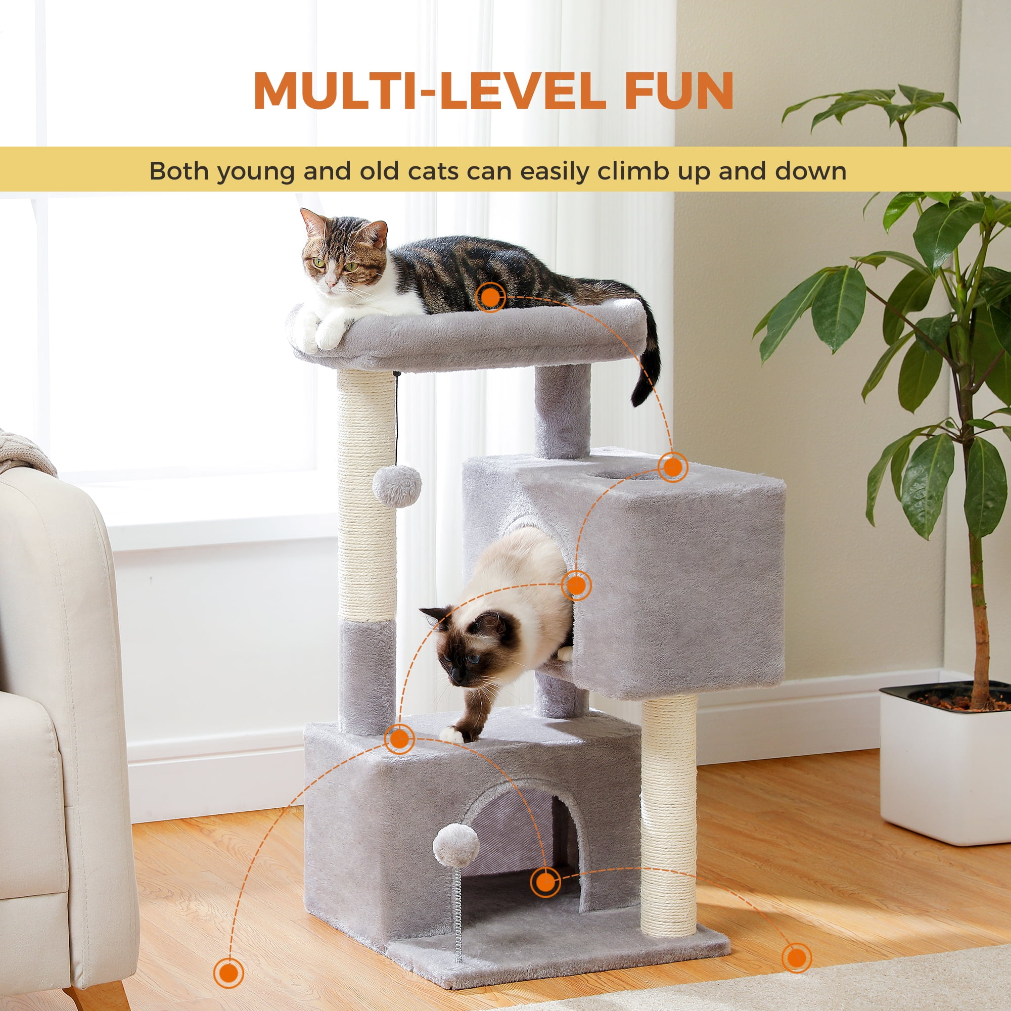 PEQULTI 31.5" Modern Cat Tree Tower with Dual Large Condos for Kitten ＆ Medium Size Cat Light Gray