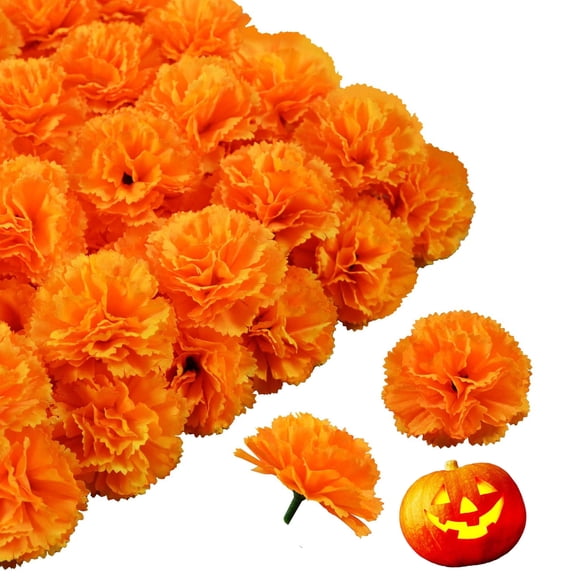 50Pcs Silk Marigold Flower Heads, Artificial Marigolds for Diwali, Indian Weddings, Day of The Dead, Mexican Party, DIY Wreath Garland, Halloween, Christmas, Thanksgiving(Orange)