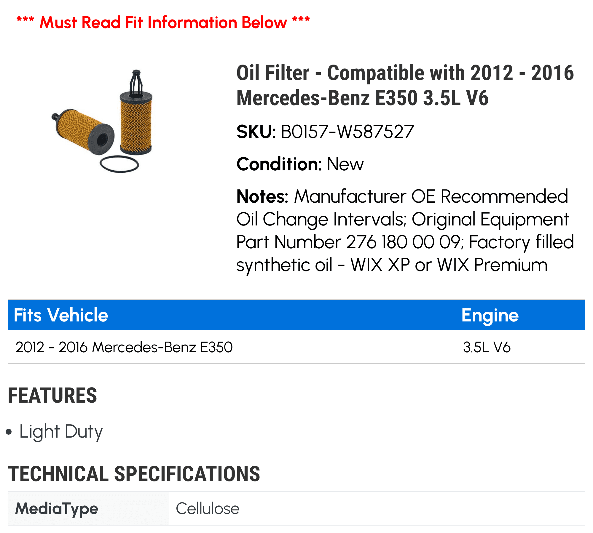 Oil Filter - Compatible with 2012 - 2016 Mercedes-Benz E350 3.5L V6 2013 2014 2015