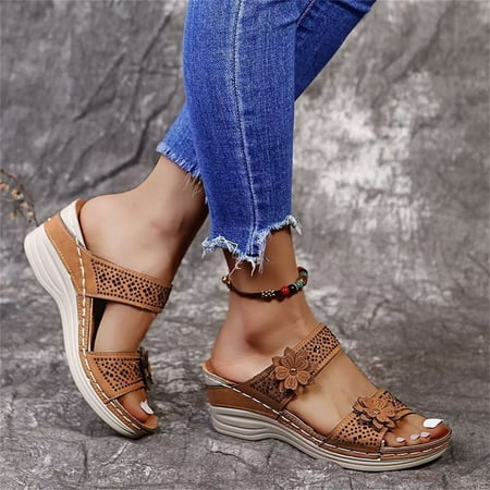 

HIBRO Women Fashion Flowers Wedges Breathable Peep Toe Sandals Slip-On Beach Shoes