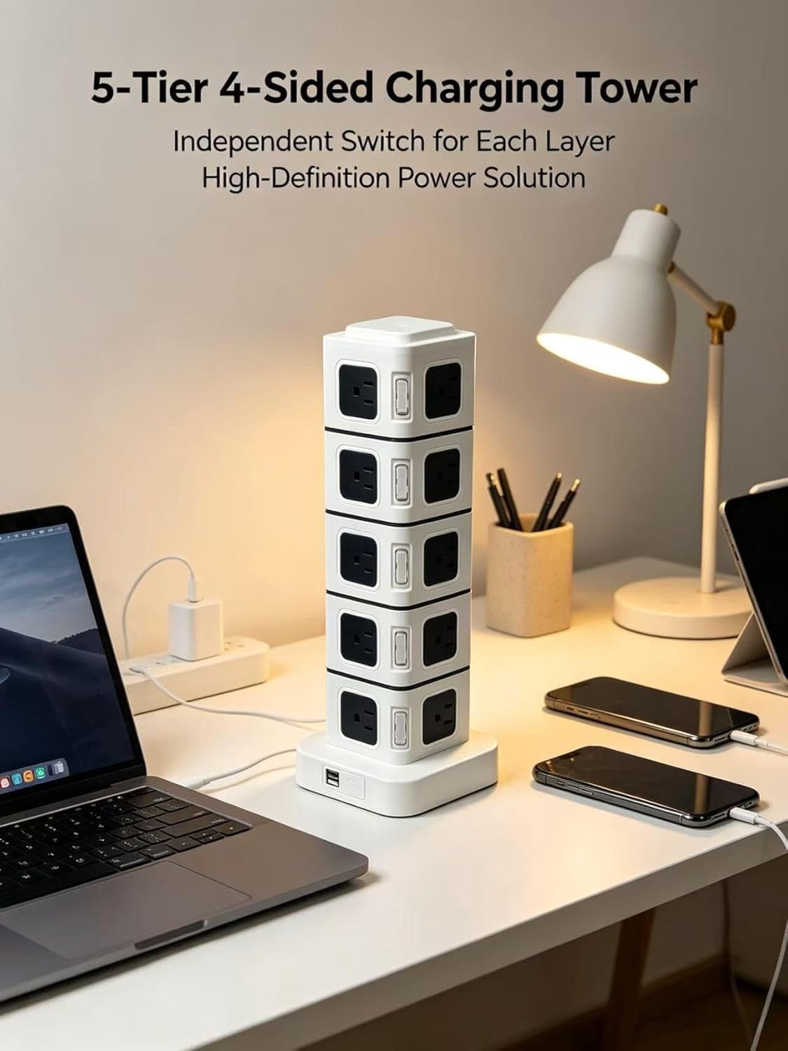 22-in-1 Power Strip Tower Surge Protector, 5-Tier Charging Station with 20 AC Outlets & 2 USB Ports, 9FT Heavy Duty Extension Cord, Independent Switches for Each Layer