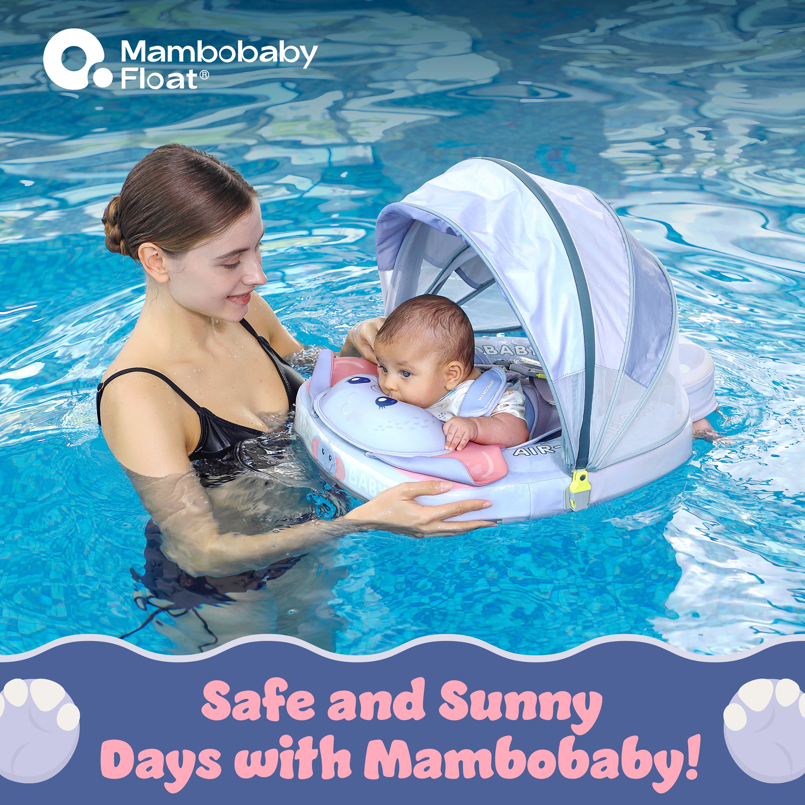 Mambobaby Baby Pool Float with 3D Canopy and Carrier- Blue