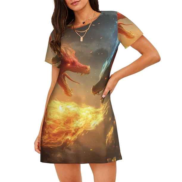 Easygdp Red And Blue Fire Dragon B Camisón de manga corta para mujer, informal, estampado