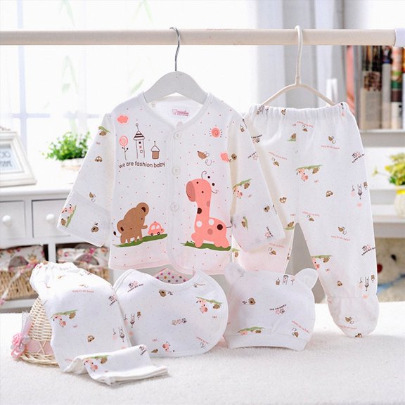 CAUYDY Infant Girl Fall Outfits Preemie Boy Sleepwear Newborn Layette Long Sleeved Shirt Warm Hat 2Pants Bib 5 Pieces Soft Set for Unisex Baby Sizes One Size,A