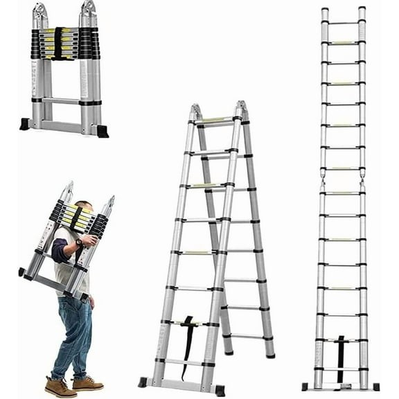 2.5M 2.5M(5M/16.5Ft) Telescopic Ladder Household Ladders,Aluminum Telescoping Extension Ladder A-Frame Lightweight Portable Multi-Purpose Folding Ladder,330LBS（150KG） Capacity Silver