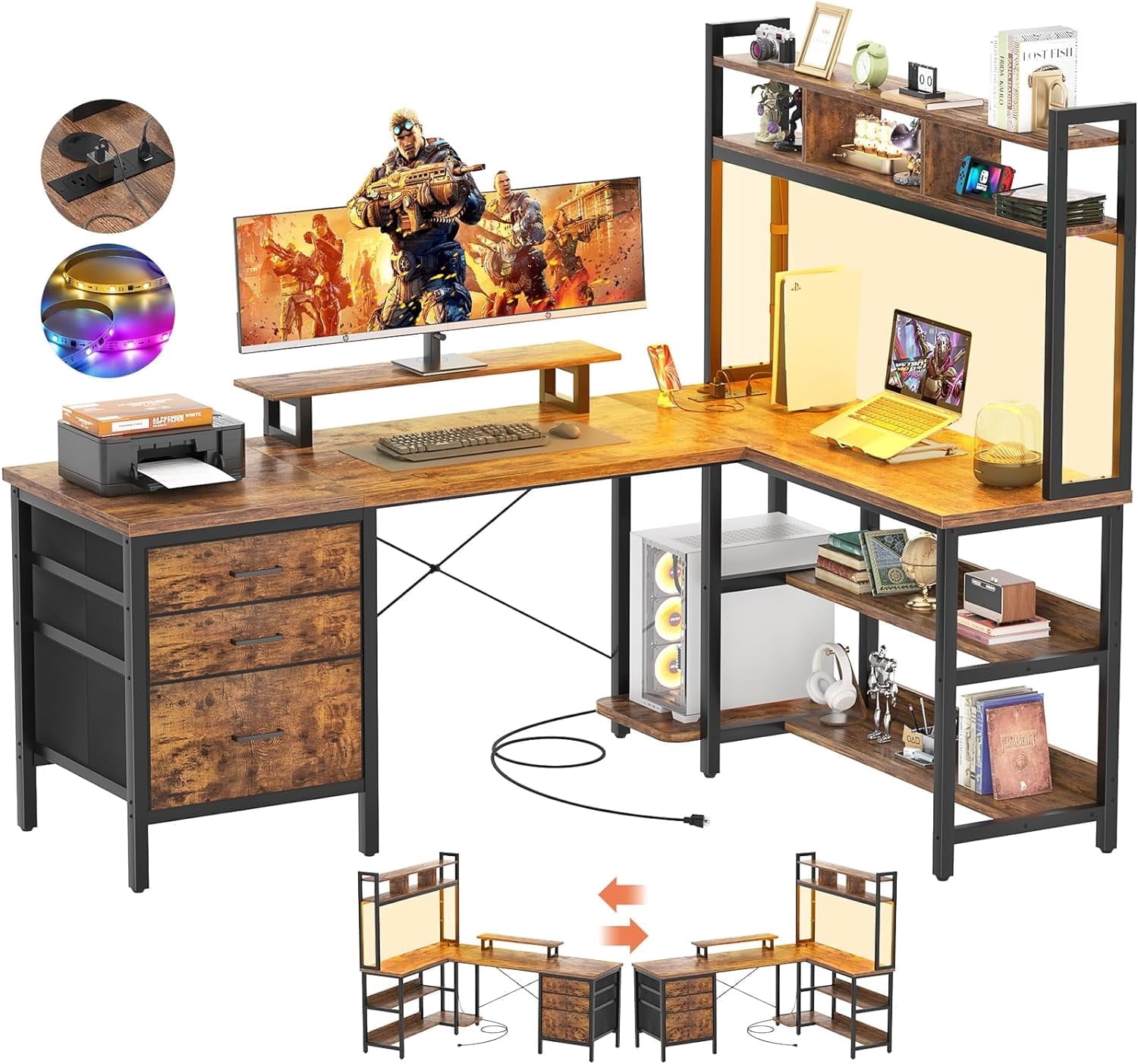 iSunirm L Shaped Gaming Desk with Storage, Computer Gaming Desk with LED Lights & Hutch, Reversible Computer Desk with Power Outlet, Corner Desk with Drawers, Shelves for Home, Rustic Brown