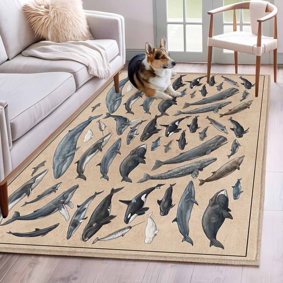 Blue Ocean Whales Area Rugs 4'x6', Washable Small Throw Rugs for Office Bathroom, Retro Coastal Underwater Animal Brown Indoor Outdoor Rug Non-Slip Low Pile Carpet Runner Reversible Floor Mats