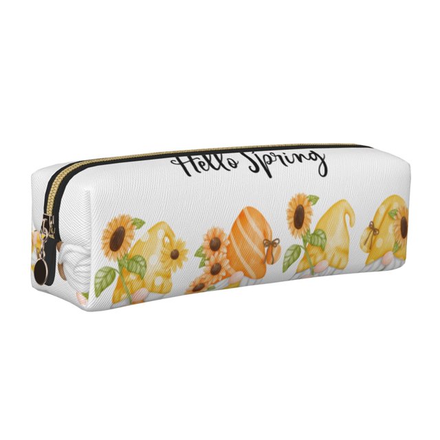 Disketp Hello Spring Sunflower Gnomes Estuche de Lápices de Cuero con Cierre, Estuche Compacto para Papelería, Bolígrafos y Accesorios Pequeños