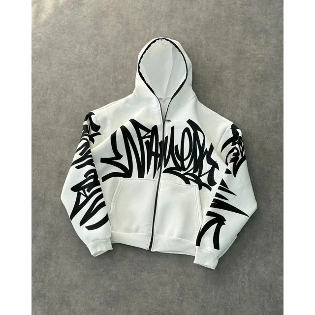 Sudadera con capucha y cremallera con estampado de grafiti y letras retro de High Street Harajuku para hombre y mujer, estilo gótico Y2k, estilo hip hop, punk, informal, de gran tamaño
