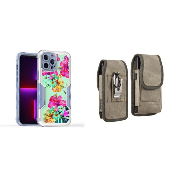 Case and Pouch Bundle for iPhone 14: Heavy Duty Armor Rugged Case (Teal and Pink Hibiscus Flower) and Vertical Rugged Denim Nylon Belt Holster (Brown)