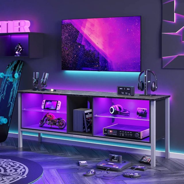 Bestier TV Stand for 70 inch TV, Modern Marble Gaming Entertainment Center with LED Lights, Wood TV Stand with My Lux Decor Round