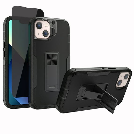 Xhy iPhone 13 Mini Case with Stand, 2x Privacy Screen Protector + 1x Camera Lens Protector, Military Grade Case with Magnetic Car Mount, 5.4 inch Cover for Men Women, Black & Black