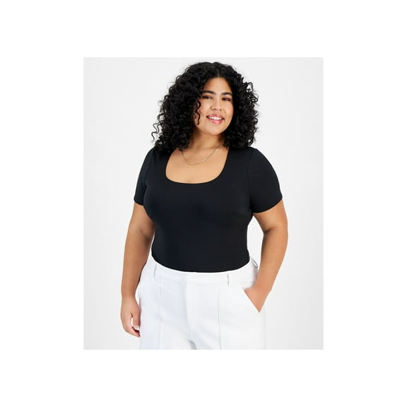 Plus Size Scoop-Neck Short-Sleeve Bodysuit Deep Black 3X