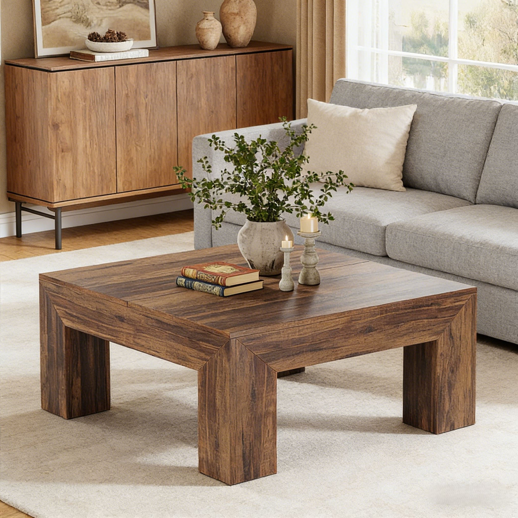Fnova 39.4" Square Coffee Table, Farmhouse Wood Accent Center Cocktail Table with Sturdy Wooden Legs for Living Room, Easy Assembly