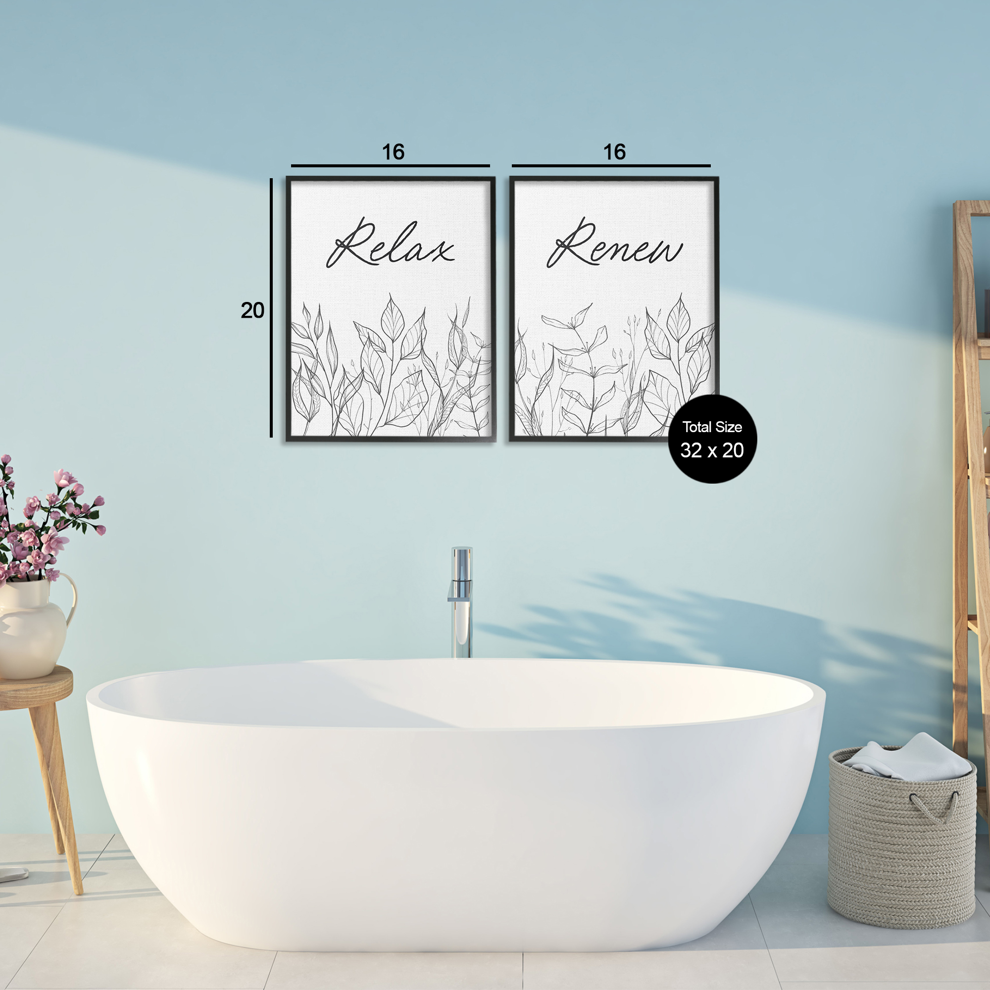 Relax and Renew Leaf Outlines 2 Piece Black Framed Giclee Art Set, design by Lettered and Lined