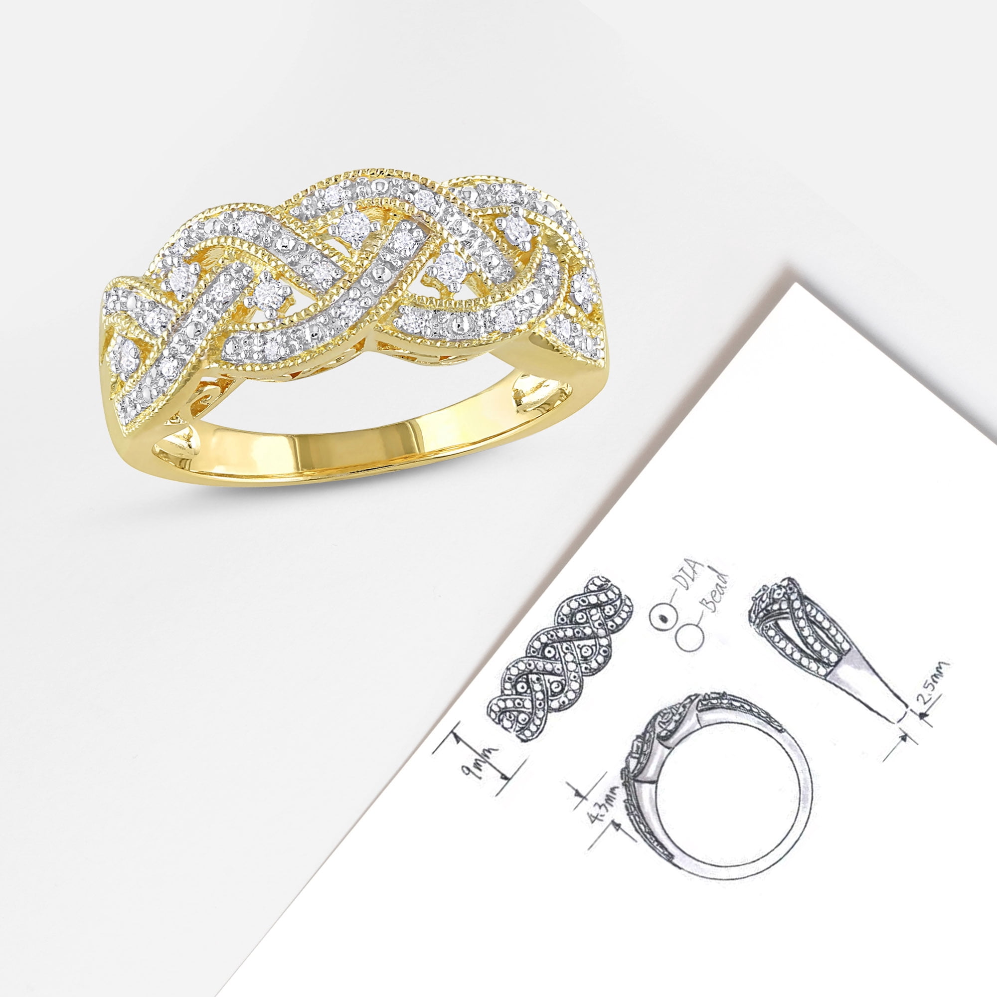 Everly Women's 0.13 CT TW Diamond Yellow Gold Flash-Plated Sterling Silver Ring