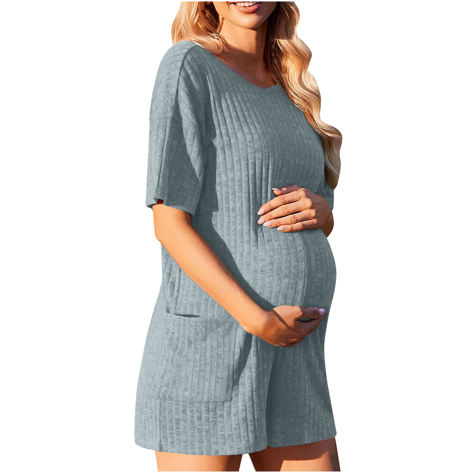 Feancey Oversized Rompers for Women Plus Size Trendy Knitted Jumpsuits Business Casual Short Sleeve Overalls Solid Color Loose One Piece Romper with Pockets Light Blue L